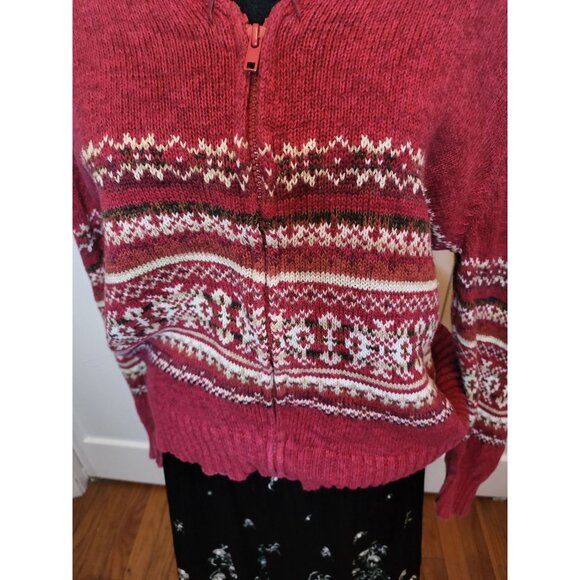 Tiara Vintage 90's Burgundy/White Fair Isle Zip Up Sweater M Apres' Ski Cozy - Picture 4 of 8